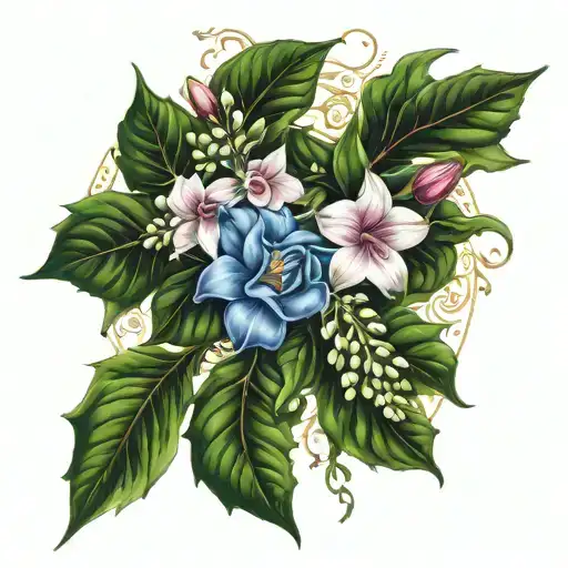 Wreath of laurel wrapped in mistletoe with a bouquet of clematis, datura, foxglove. tattoo design idea
