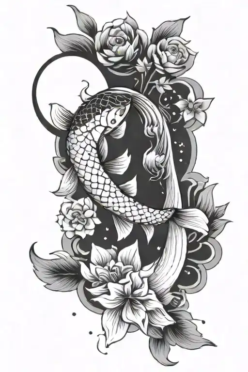 koi fish, flowers, stars, and moon merging together tattoo design idea