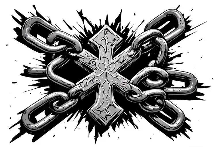 broken chain with a gothic cross in the middle of the broken chain tattoo design idea