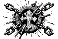 broken chain with a gothic cross in the middle of the broken chain tattoo design idea