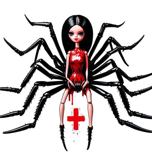 bloody spider with barbie doll head and forks for feet, red cross on the body tattoo design idea