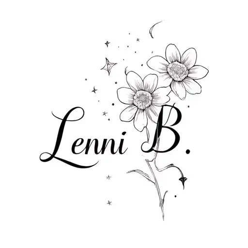 "Lenni B." cursive delicate thin font with a flower incorporated into the actual lettering and a trail of little stars  tattoo design idea