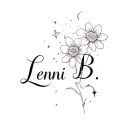 "Lenni B." cursive delicate thin font with a flower incorporated into the actual lettering and a trail of little stars  tattoo design idea