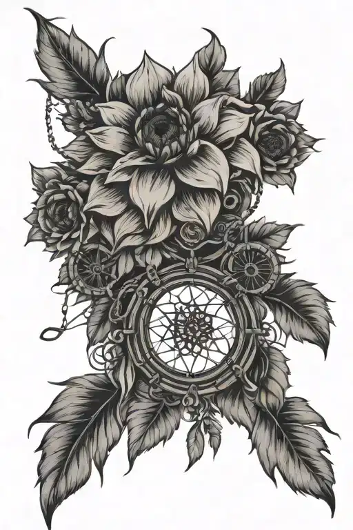 dreamcatcher with navy anchor and silver dollars in the middle with sunflowers hanging down tattoo design idea
