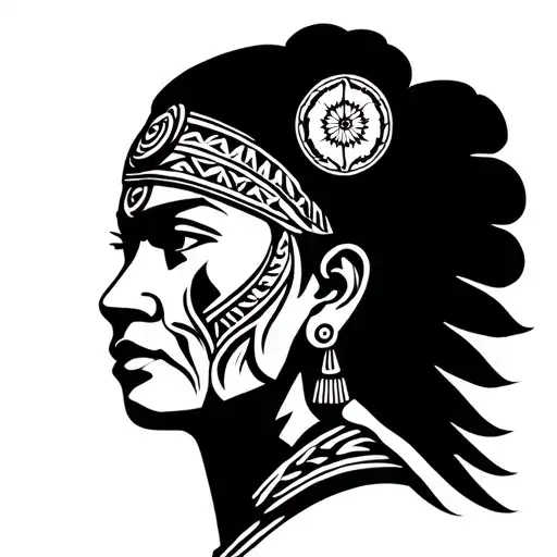 a side view face of a filipina warrior, Philippine flag, islands and the philippine national anthem in alibata symbols tattoo design idea