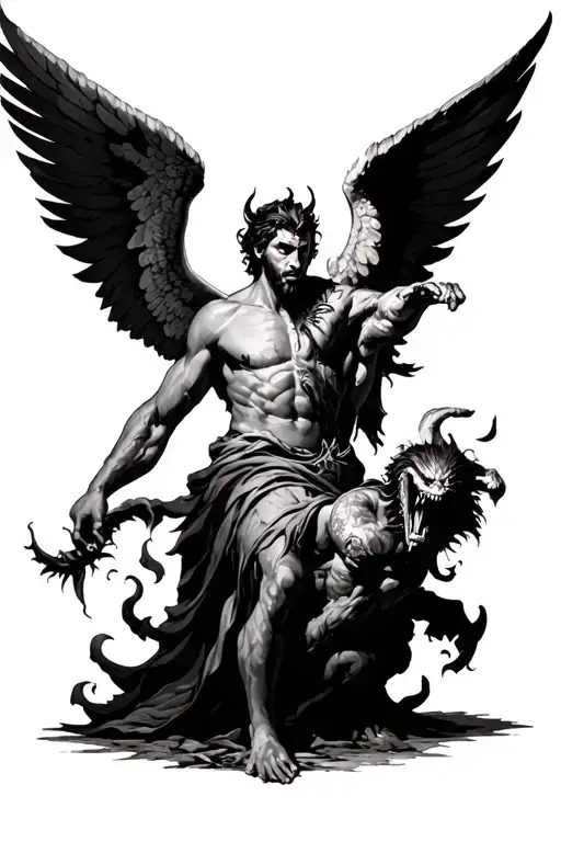 angel Gabriel fighting demon tattoo design idea