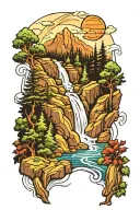 waterfall forest mountain tattoo design idea