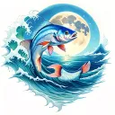 matching coi fish with moon and ocean wave crashing tattoo design idea