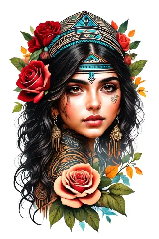 beautiful  girl with roses and aztec symbols tattoo design idea