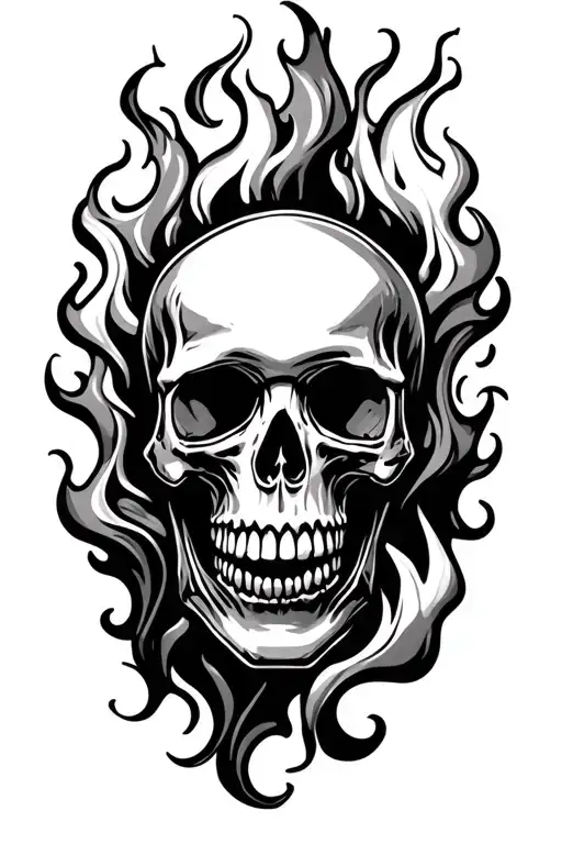 skulls leaning and forming streching smoke and flames filler tattoo design idea