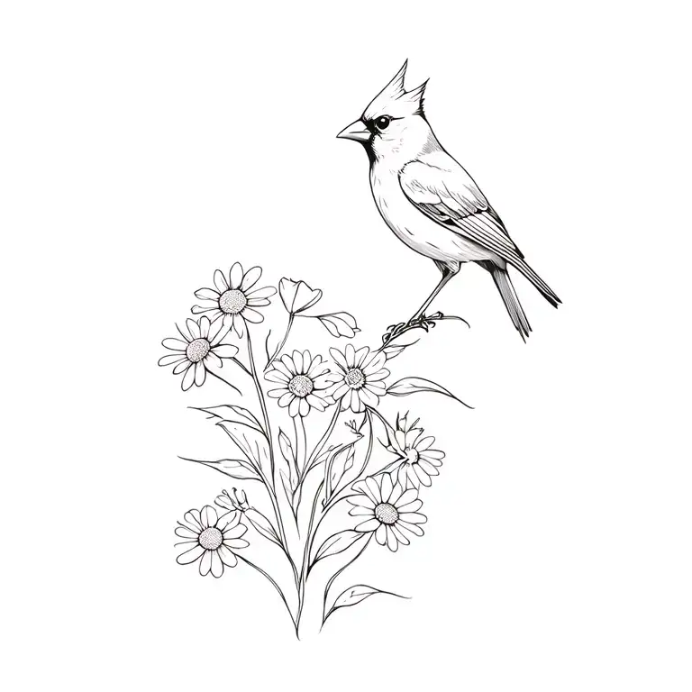 cardinal bird with daisy and sweet pea flowers tattoo design idea