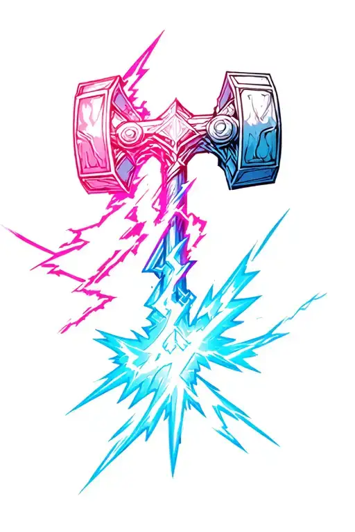 marvel Thor's hammer and storm breaker with pink and blue lightning tattoo design idea
