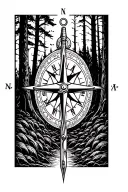 woods background with a Mariners compass and a christian cross in front tattoo design idea