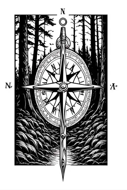 woods background with a Mariners compass and a christian cross in front tattoo design idea