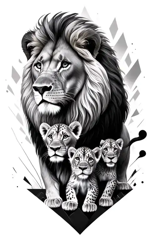 A lion with 2 baby lion cubs surrounded by a shit ton of geometric patterns  tattoo design idea