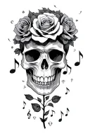black and gray skull and roses growing outside with storm clouds diamonds and music notes tattoo design idea