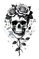 black and gray skull and roses growing outside with storm clouds diamonds and music notes tattoo design idea
