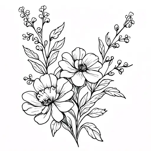 floral with freesia, ranunculus, and baby's breath tattoo design idea