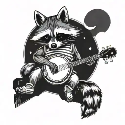 raccoon wearing hightop sneakers while sitting in the crook of a cresent moon and playing the banjo tattoo design idea