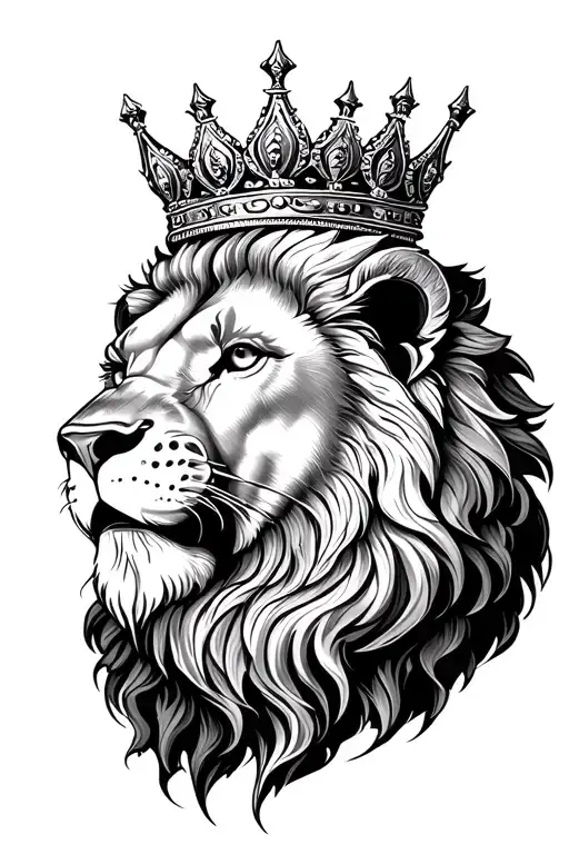 "Realistic lion head tattoo with crown, detailed shading, masculine design" tattoo design idea