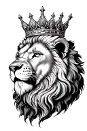 "Realistic lion head tattoo with crown, detailed shading, masculine design" tattoo design idea