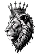 "Realistic lion head tattoo with crown, detailed shading, masculine design" tattoo design idea
