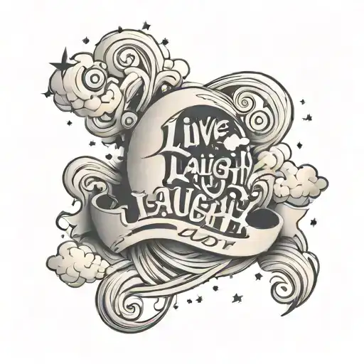 a live laugh love in a wavy design on the inside if the bicep with clouds and stars  tattoo design idea