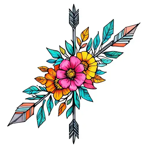 A sketch style tattoo of indigenous arrows intertwined with colorful flowers, representing love for her four children  tattoo design idea