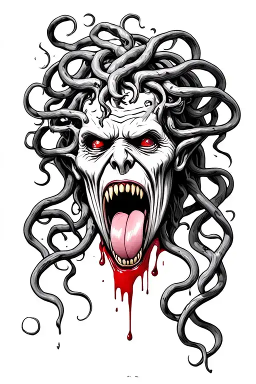 Terrifying head of medusa, fangs showing tongue out, blood dripping tattoo design idea
