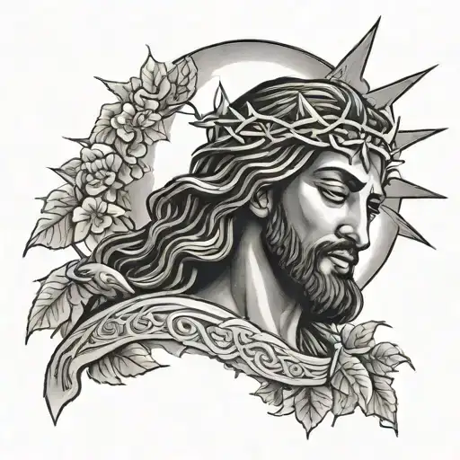 Black jesus wearing a crown of thorns sun behind him clouds and doves flying tattoo design idea