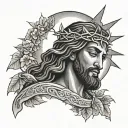 Black jesus wearing a crown of thorns sun behind him clouds and doves flying tattoo design idea