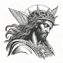 Black jesus wearing a crown of thorns sun behind him clouds and doves flying tattoo design idea