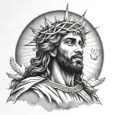 Black jesus wearing a crown of thorns sun behind him clouds and doves flying tattoo design idea