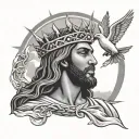 Black jesus wearing a crown of thorns sun behind him clouds and doves flying tattoo design idea