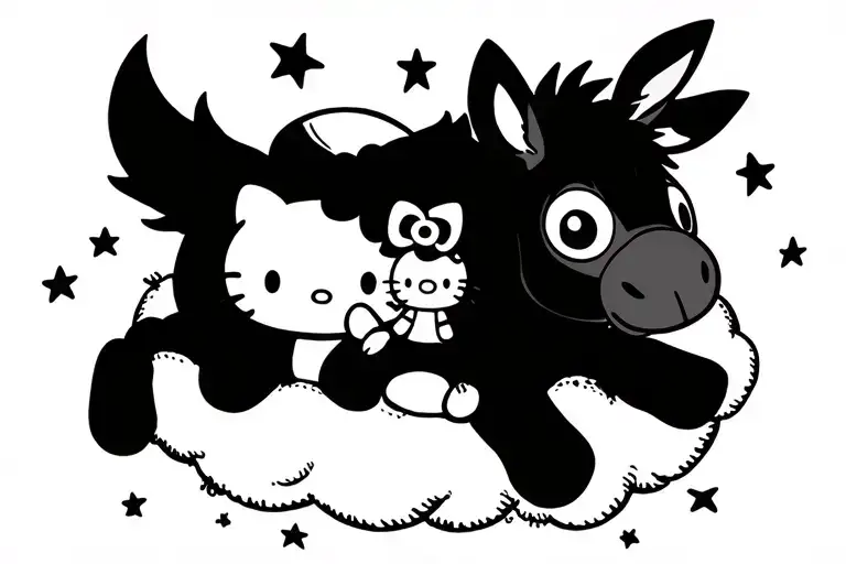Silly looking donkey, cuddling with hello kitty and stitch . laying on a big cloud under the moon with lots of stars. tattoo design idea