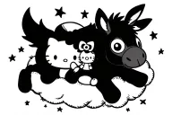 Silly looking donkey, cuddling with hello kitty and stitch . laying on a big cloud under the moon with lots of stars. tattoo design idea