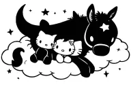 Silly looking donkey, cuddling with hello kitty and stitch . laying on a big cloud under the moon with lots of stars. tattoo design idea