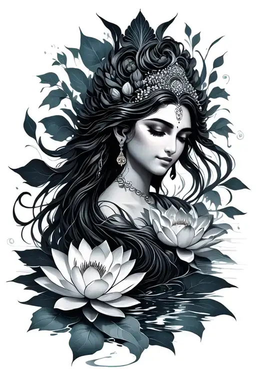 Yemaya surrounded by lotus flowers tattoo design idea