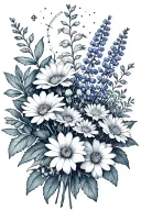 bouquet of asters, delphinium, water lilies and morning glory flowers, Leo and Virgo constellations tattoo design idea