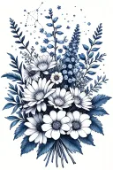 bouquet of asters, delphinium, water lilies and morning glory flowers, Leo and Virgo constellations tattoo design idea