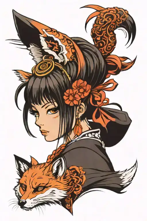 anime girl with fox mask on her head tattoo design idea