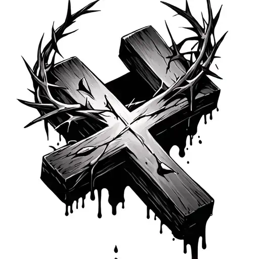 crown of thorns with blood dripping down, cross underneath made from three nails tattoo design idea