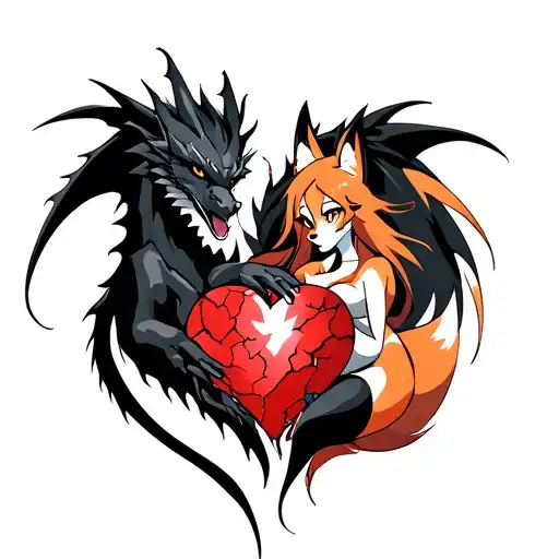 tattoo of a black dragon wrapped around a shattered heart held by a fox woman tattoo design idea