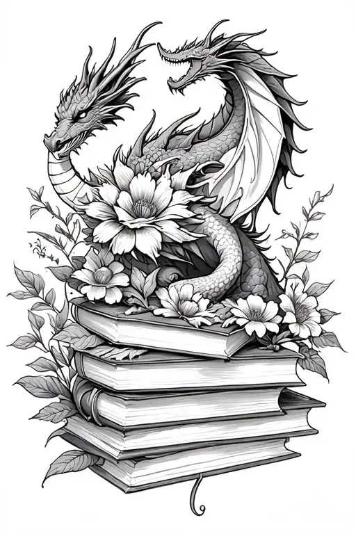 books, dragons, flowers fine line outline tattoo design idea