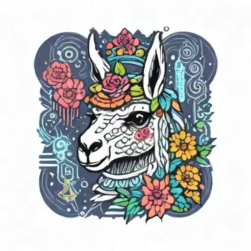 colorful llama with flower crown knitting a blanket tattoo design idea