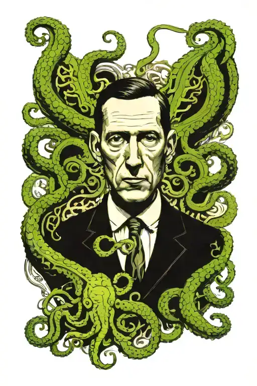 HP Lovecraft i black and white, surrounded by green tentacles and Cthulhu. tattoo design idea