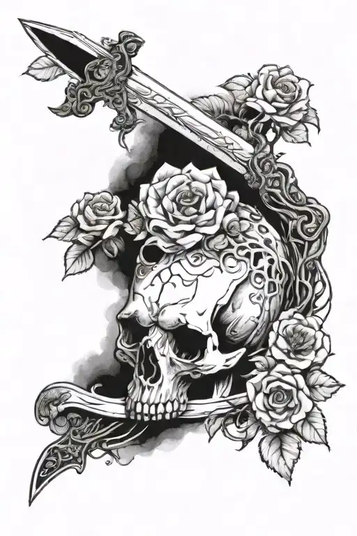 bear animal skull with moon flowers sword going through middle with trees tattoo design idea