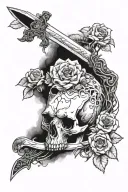 bear animal skull with moon flowers sword going through middle with trees tattoo design idea
