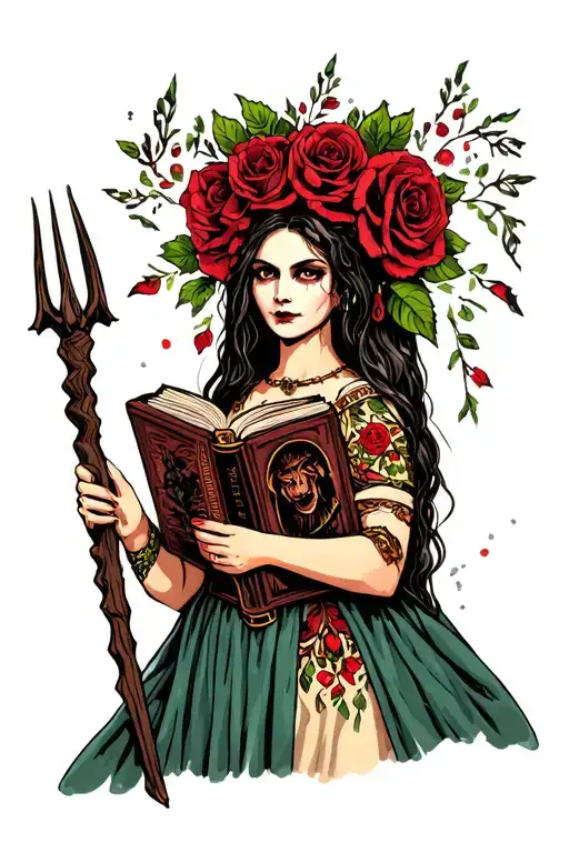 Buffy the vampire slayer as our lady Guadalupe Mexican with roses, holding a wooden spike and a vampyre book tattoo design idea