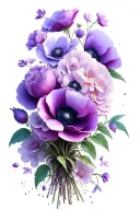 violet, Sakura and poppy bouquet tattoo design idea